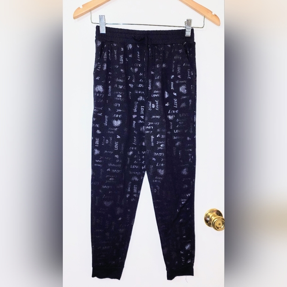 ShoSho size10 Black Joggers w/ Silver ❤️ & the word Love all over. Drawstring at - Picture 8 of 8